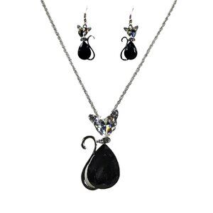 Black cat pendant necklace and earring set in black and clear crystals - NEW